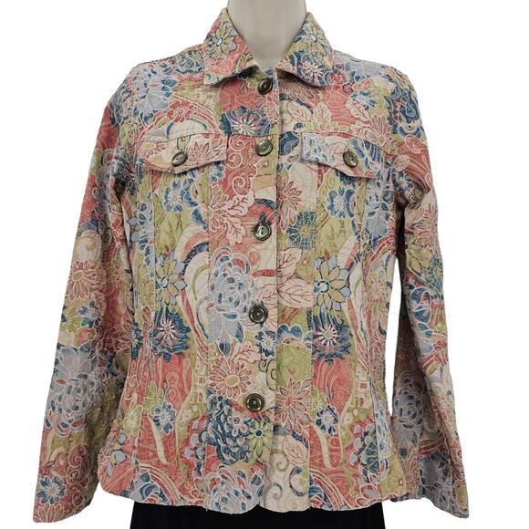 Analogy Womans size S Multicolored Floral Embroidered Denim Jean Jacket Blazer - Picture 1 of 8